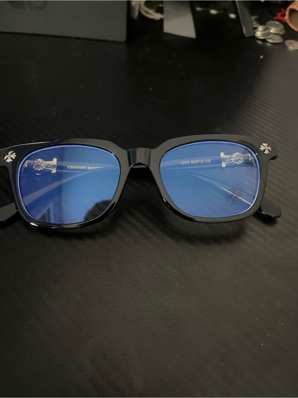 Chrome Hearts Black Frame Sunglasses with Blue Lenses
